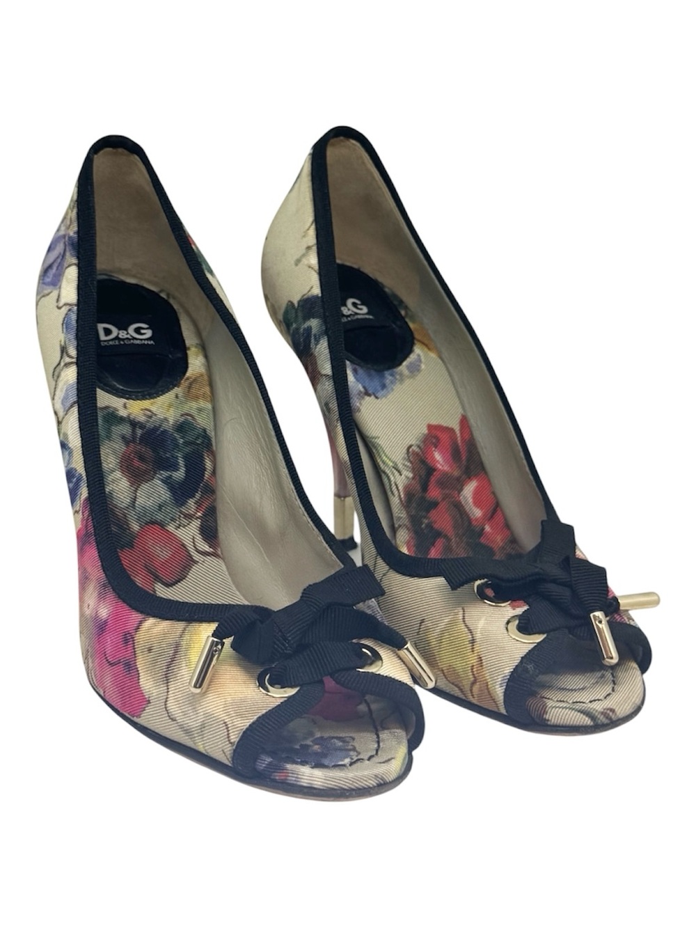 D&G Women’s Multicolor Floral Printed Fabric Bow Peep Toe Pumps, EU: 36 US: 6